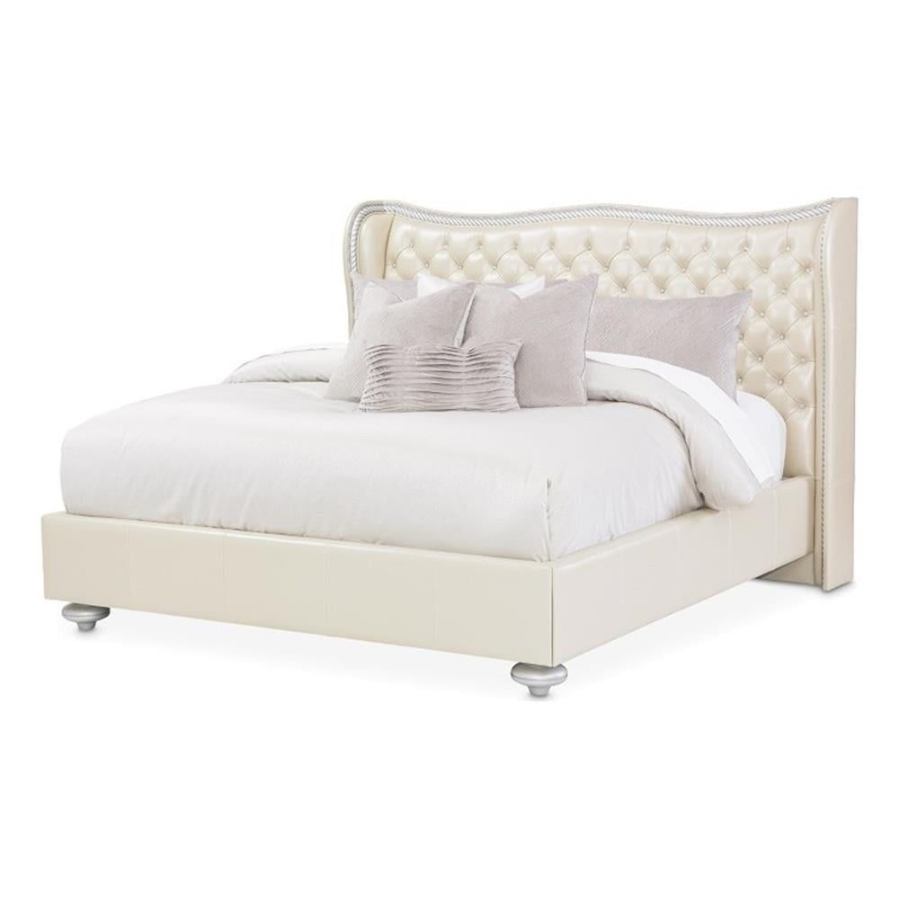 Cream Queen Upholstered Leather Bed with Tufted Headboard