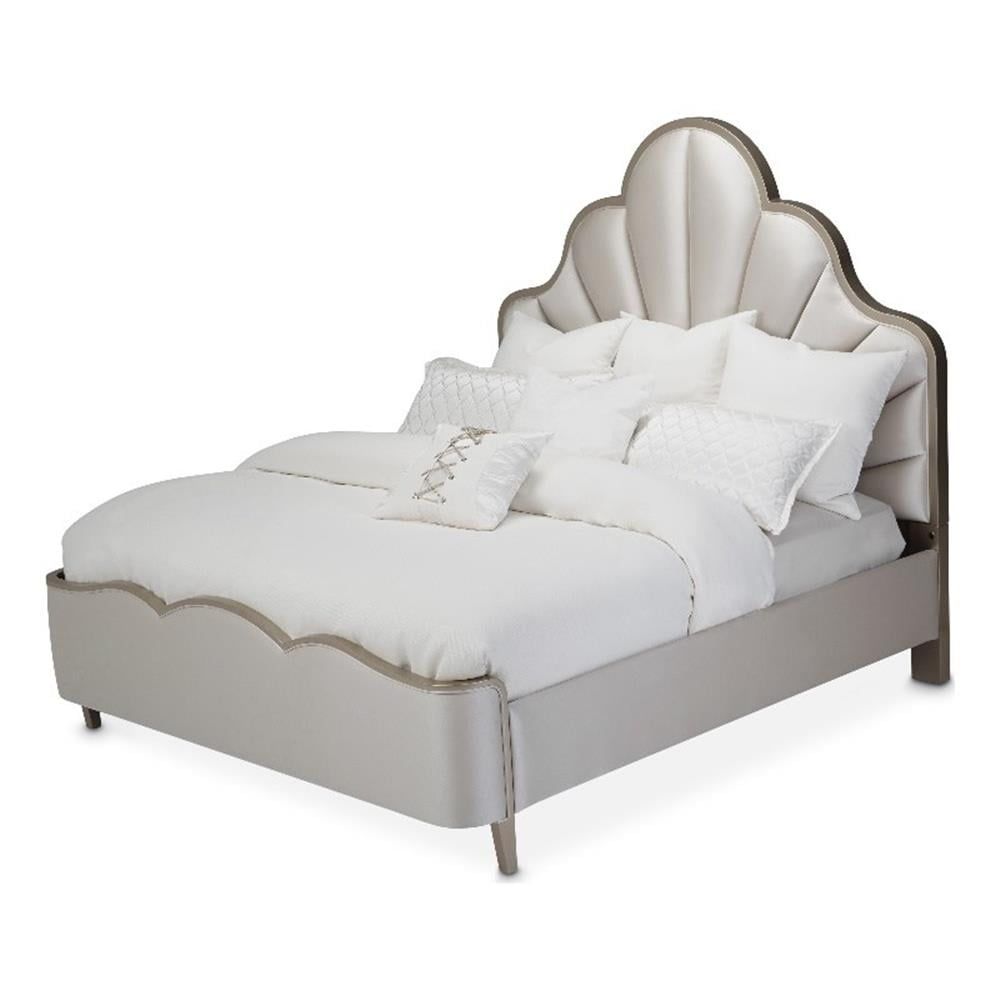 Queen Cream Faux-Silk Upholstered Bed with Scalloped Headboard
