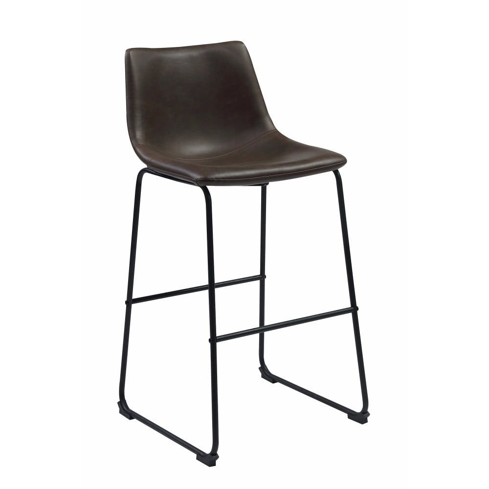 Brown Leather and Black Metal Industrial Bar Stools, Set of 2