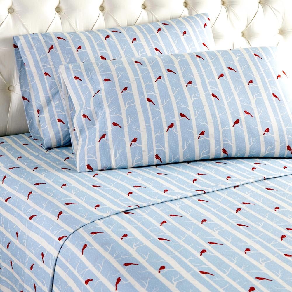 Twin Blue Cardinals Print Micro Flannel Sheet Set