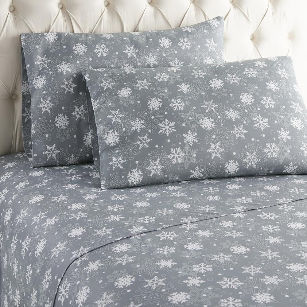 Micro Flannel Printed Deep-Pocket Sheet Set, Twin, Snowflakes Gray