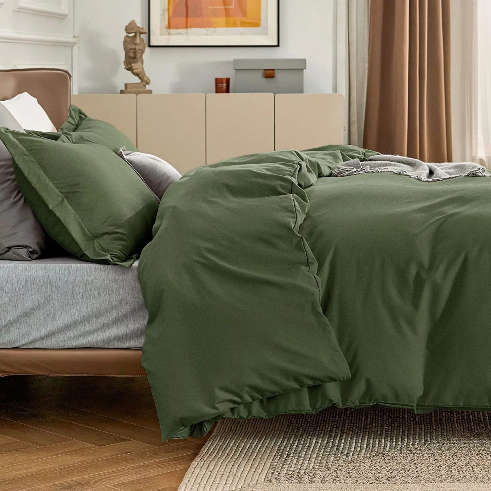 Olive Green 3-Piece Washed Cotton Queen Duvet Cover Set