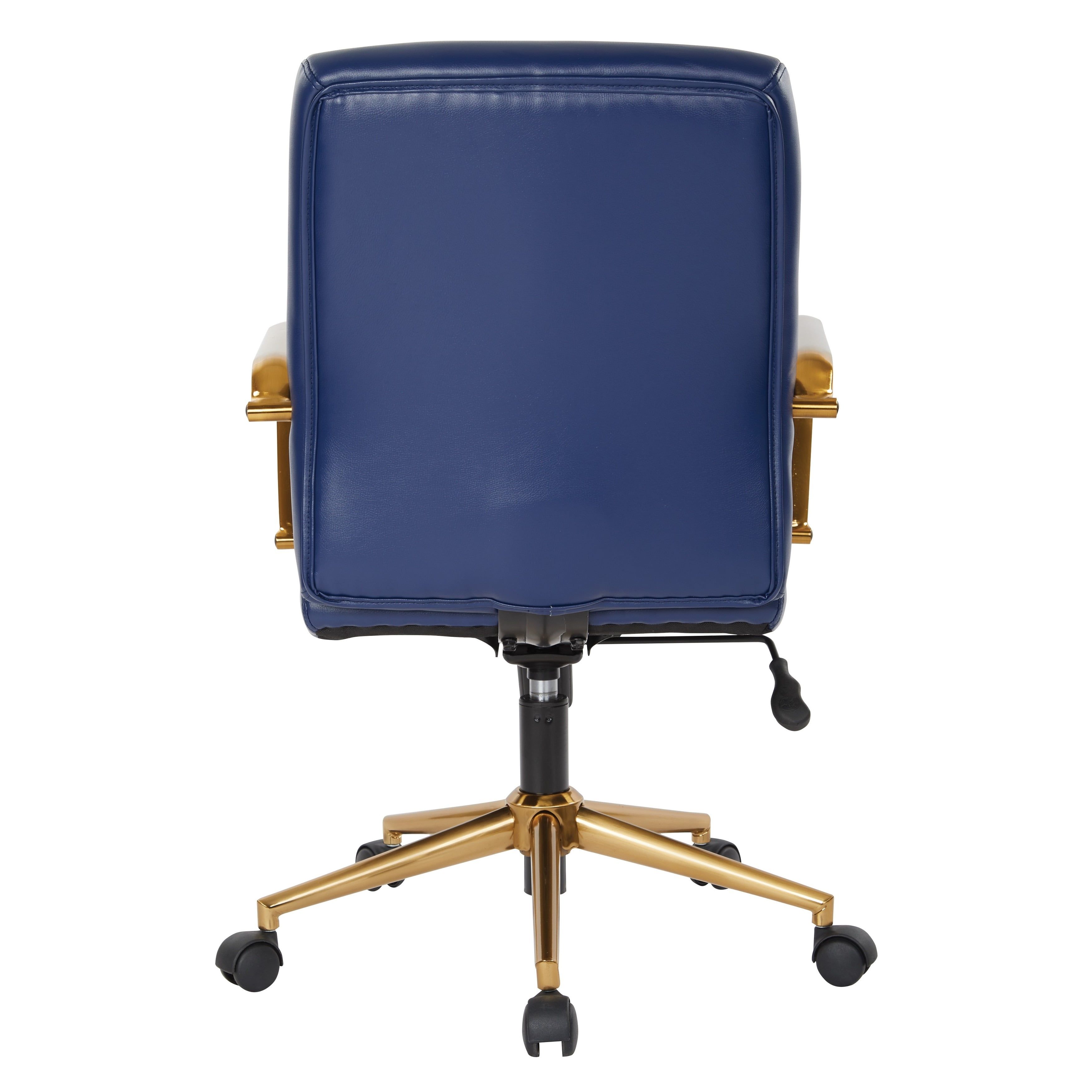 Baldwin Navy Faux Leather Mid-Back Swivel Chair with Gold Accents