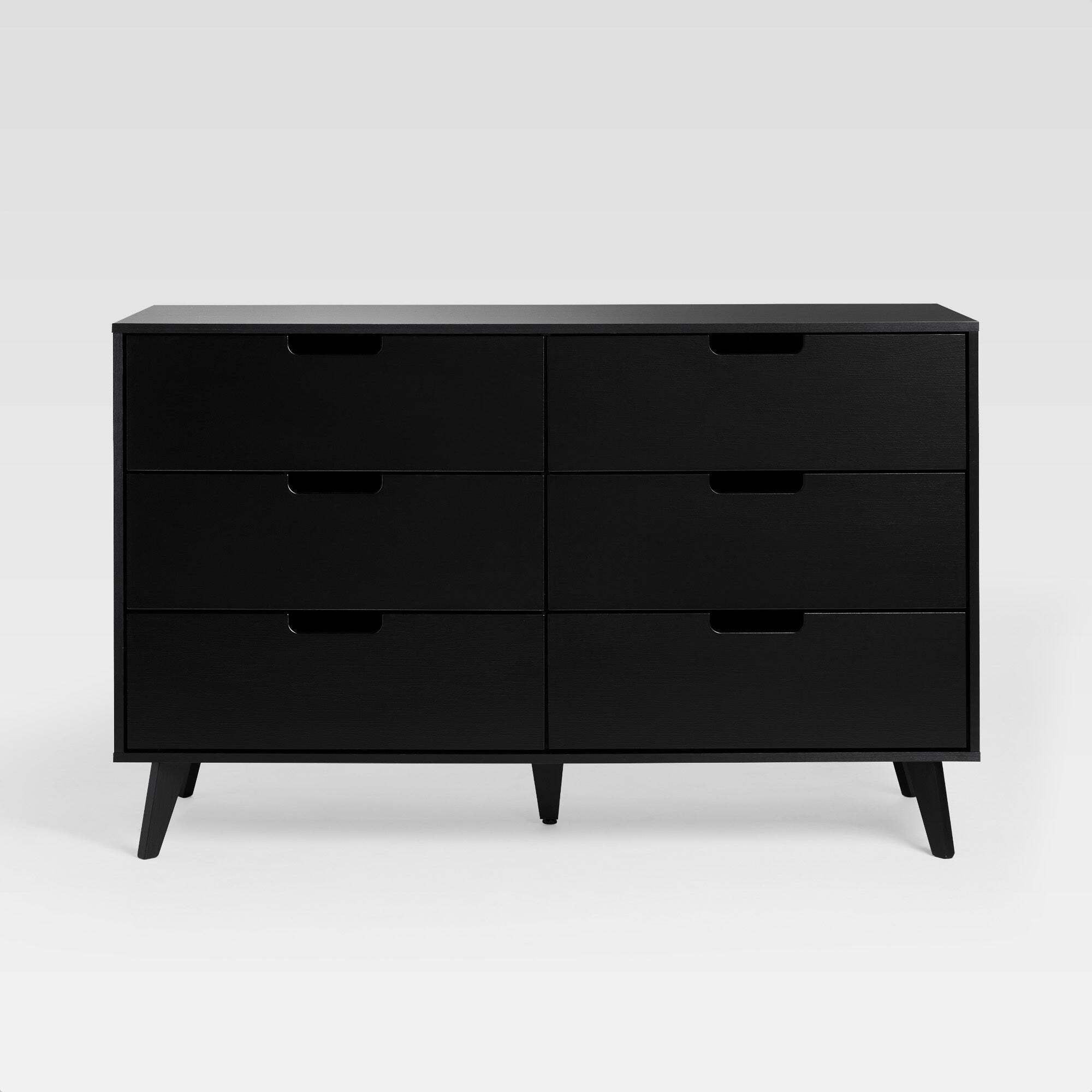 Black Mid-Century Modern 6-Drawer Dresser with Cut-Out Handles