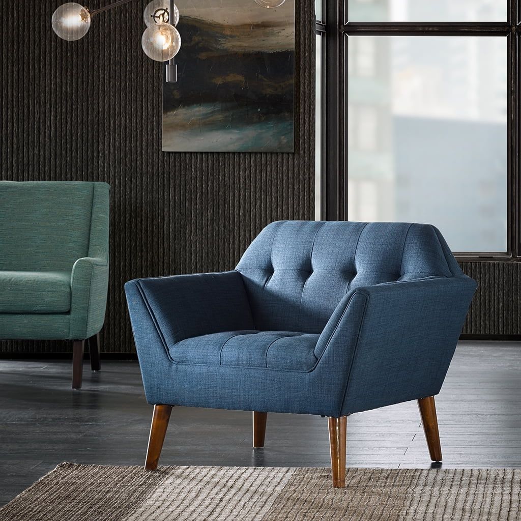 Blue Mid-Century Modern Wood Accent Chair with Button Tufting