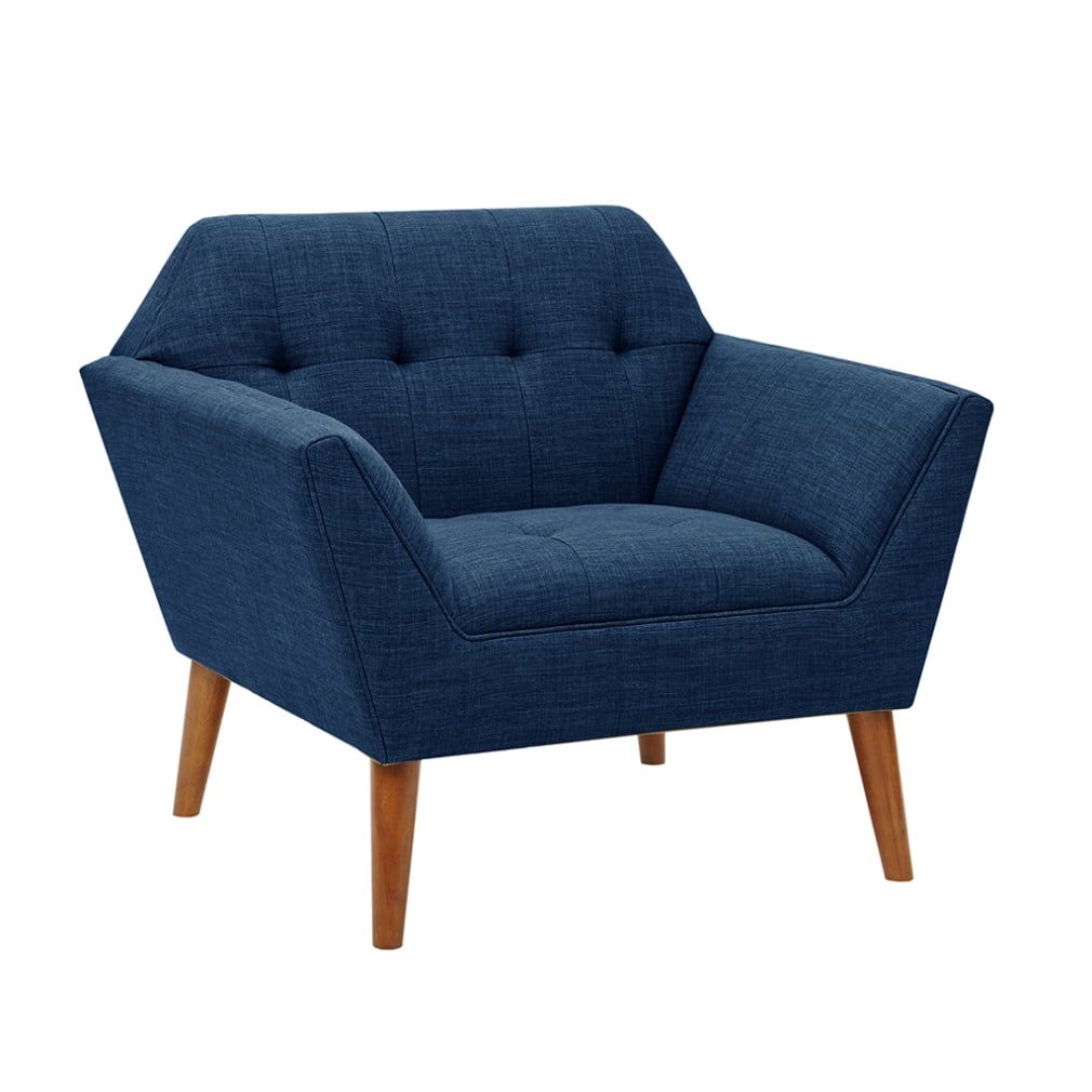 Blue Mid-Century Modern Wood Accent Chair with Button Tufting