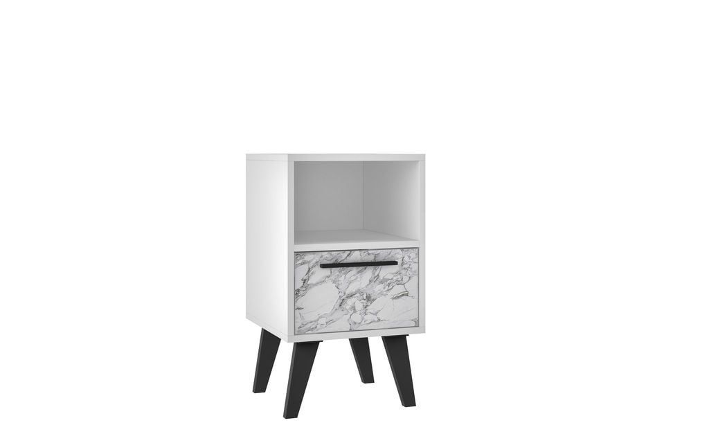 Amsterdam White Marble 1-Drawer Mid-Century Modern Nightstand