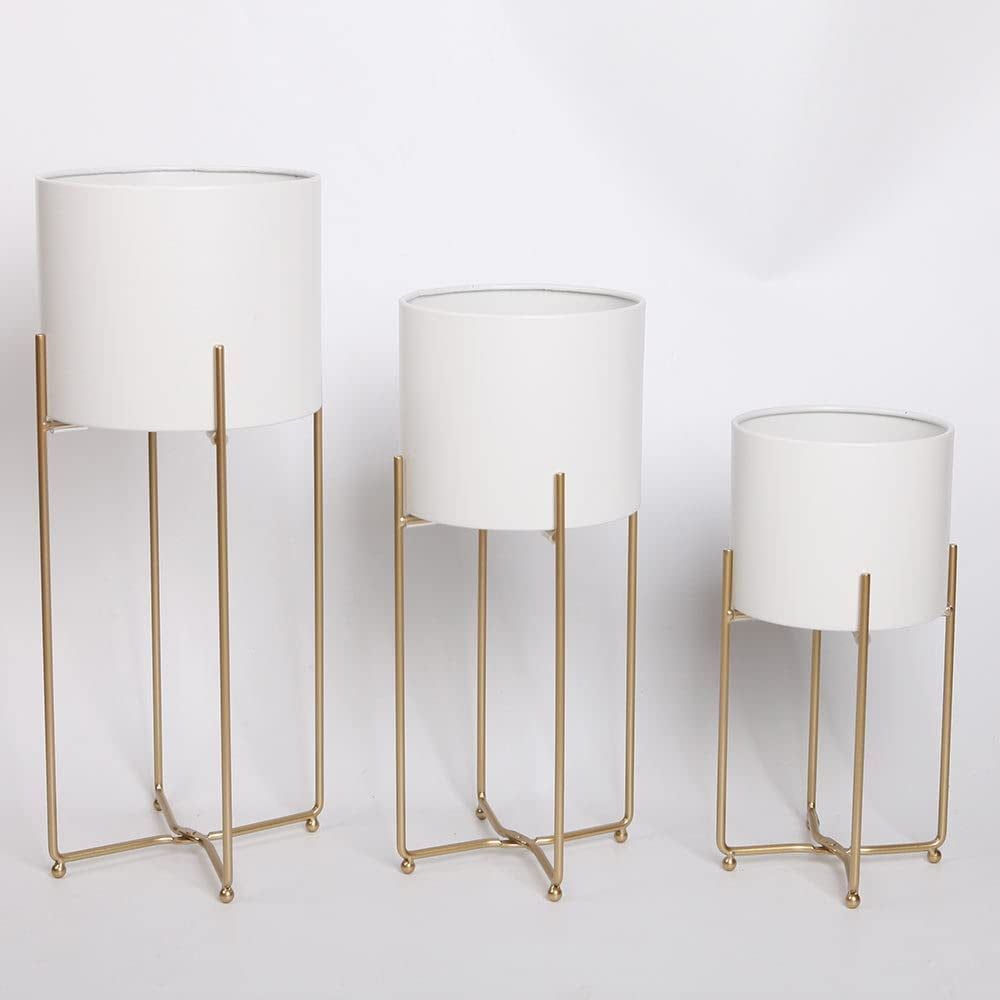 White and Gold Metal Cylinder Floor Planter Set of 3