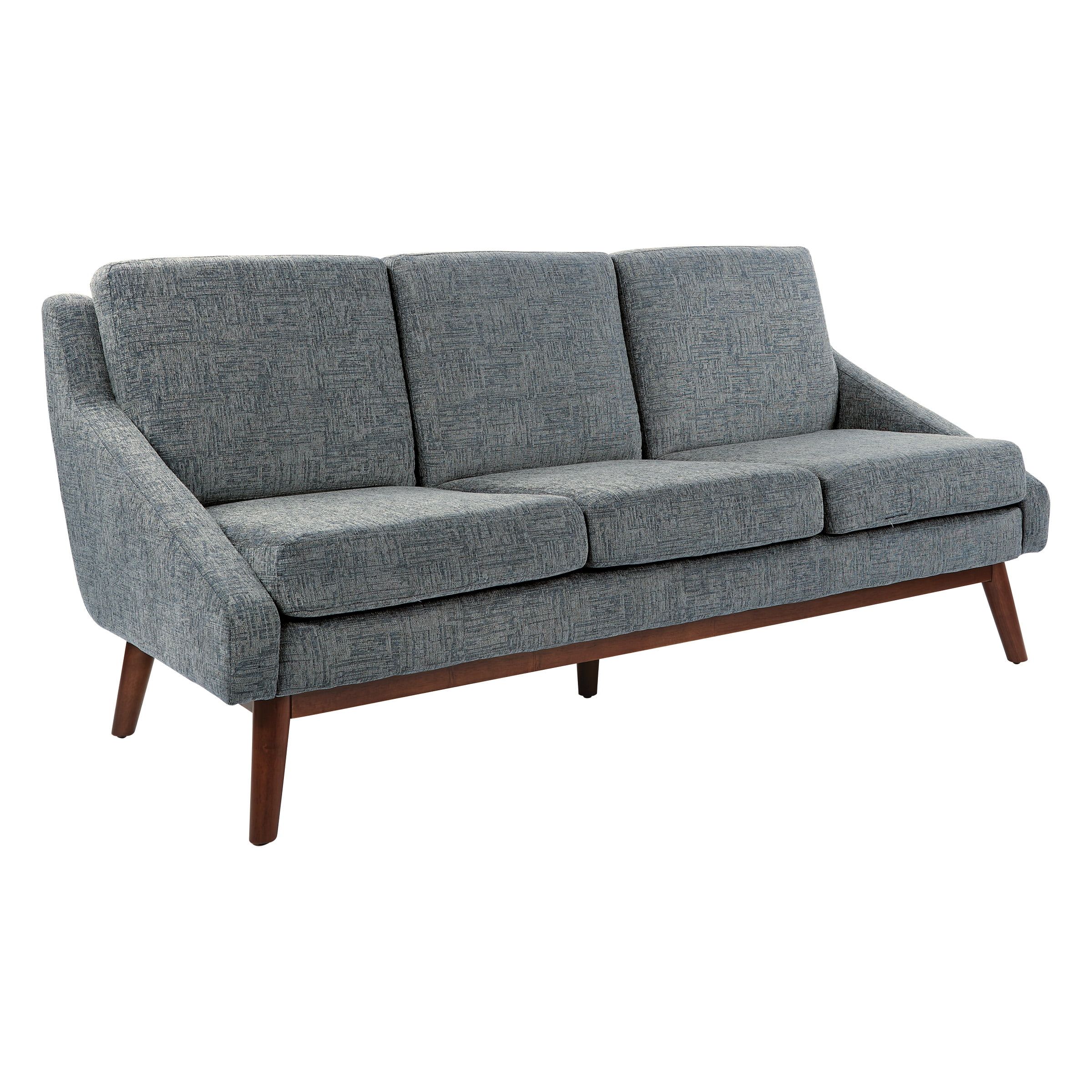 Navy Fabric Mid-Century Sloped Arm Sofa with Coffee Finish Wood Legs