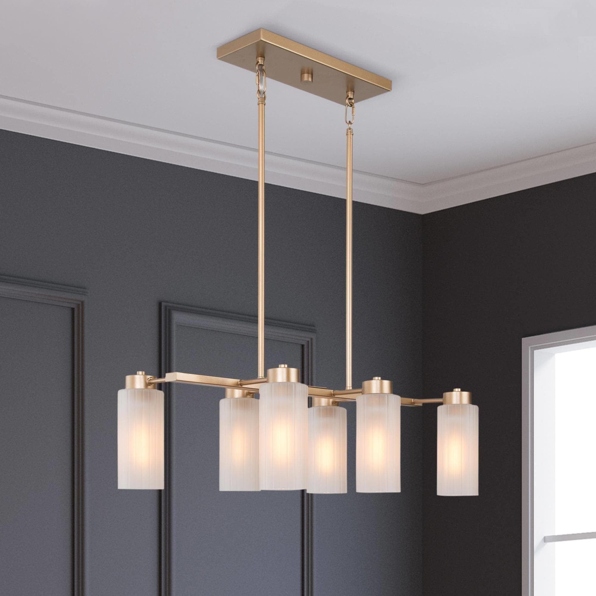 Mid-Century Modern Gold 6-Light Linear Chandelier with Frosted Glass Shades