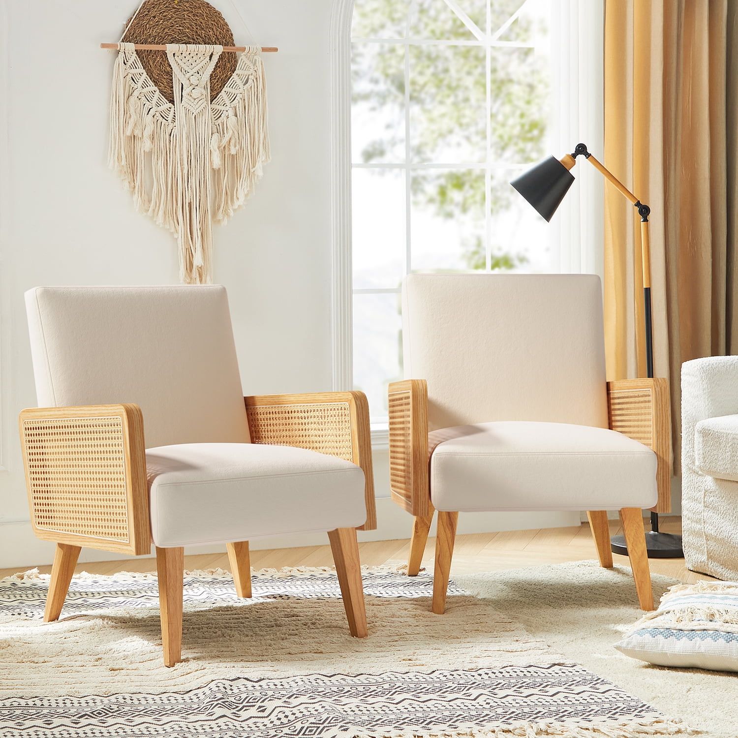 Beige Velvet and Rattan Armchair Set with Wooden Legs