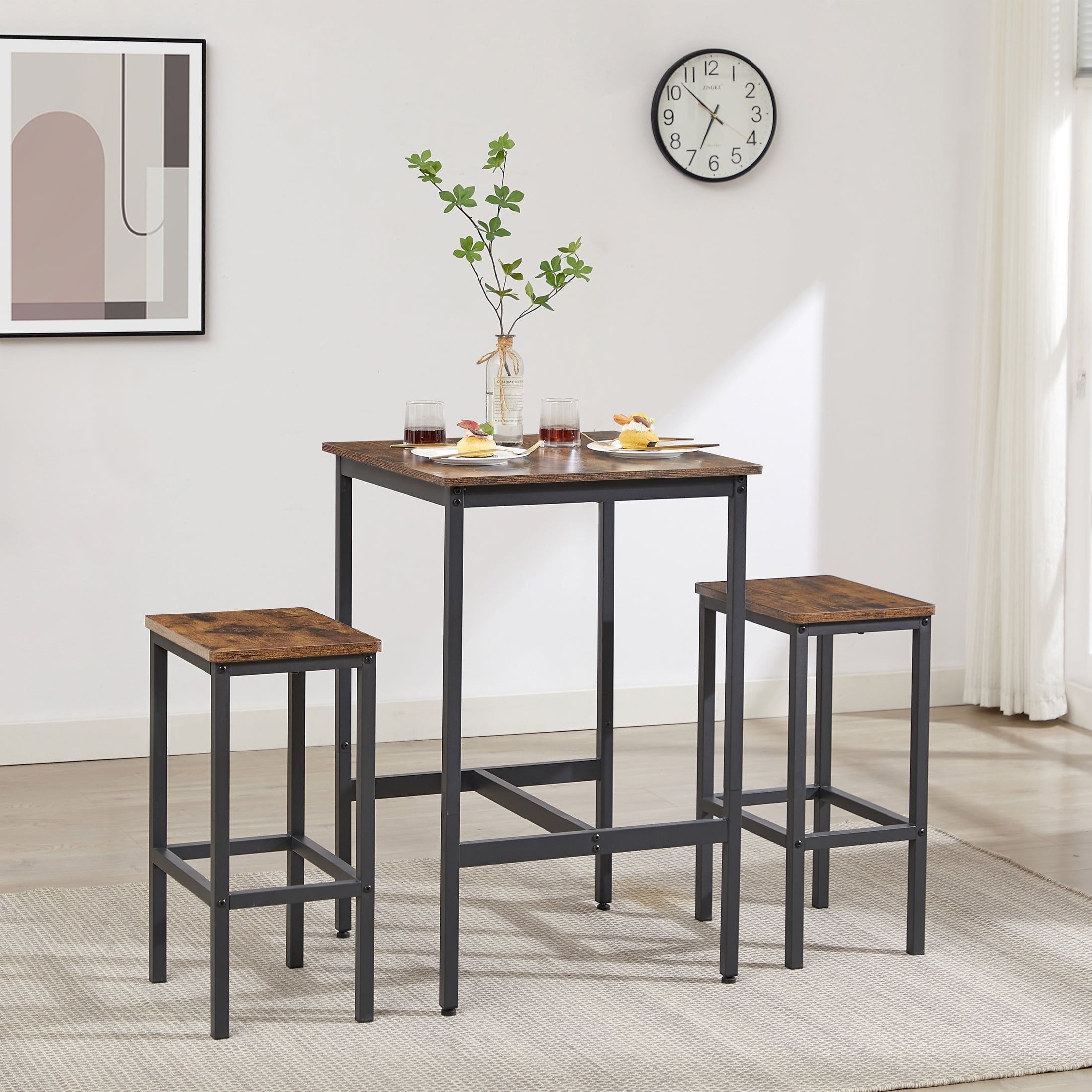 Rustic Brown and Black Square Pub Table Set with 2 Chairs