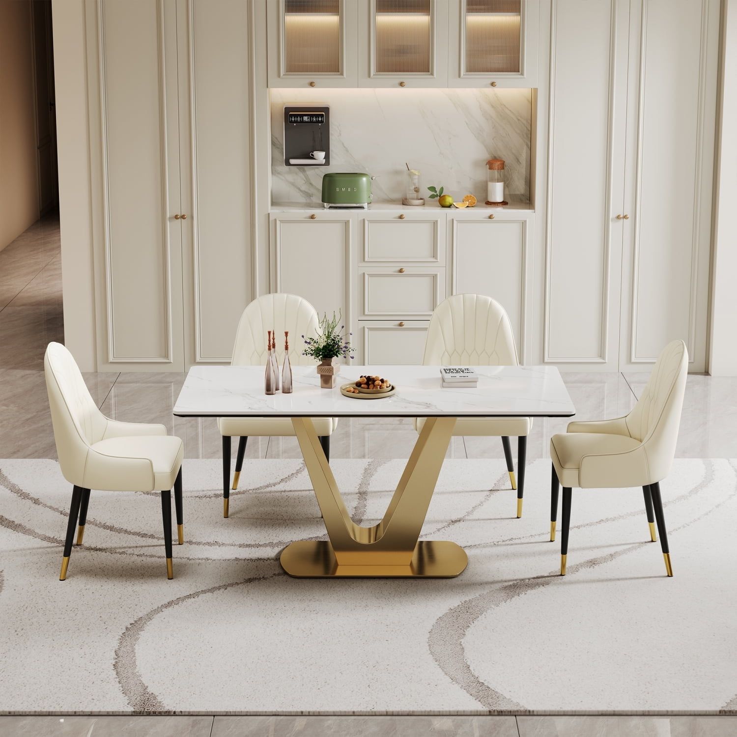 Gold and White Sintered Stone Dining Table with V-Shape Base