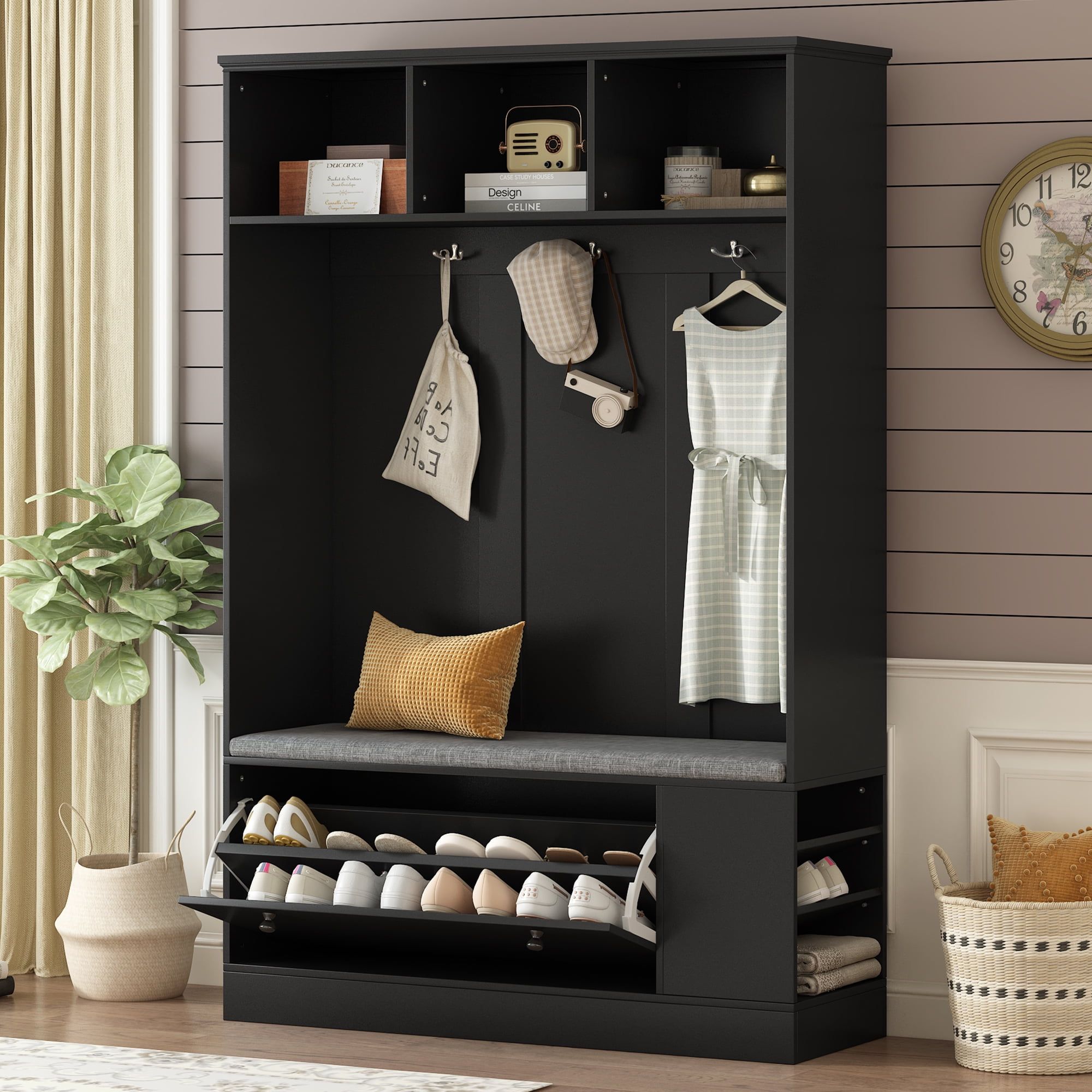 Black Multifunctional Hall Tree with Storage Bench and Cushion