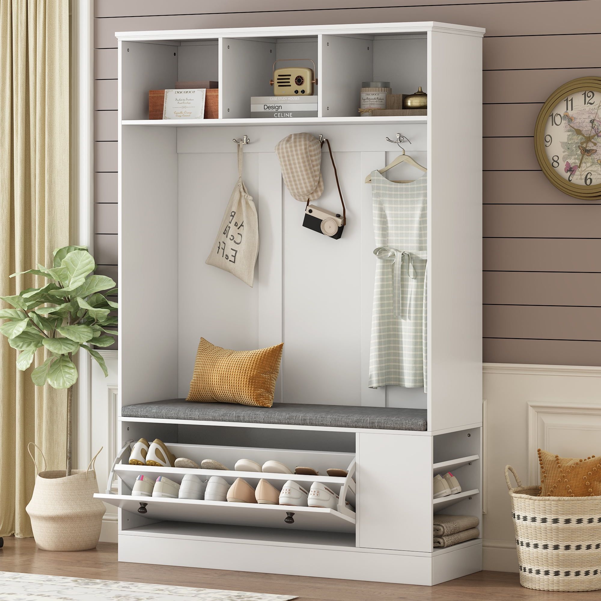 White Hall Tree with Storage Bench and Hooks