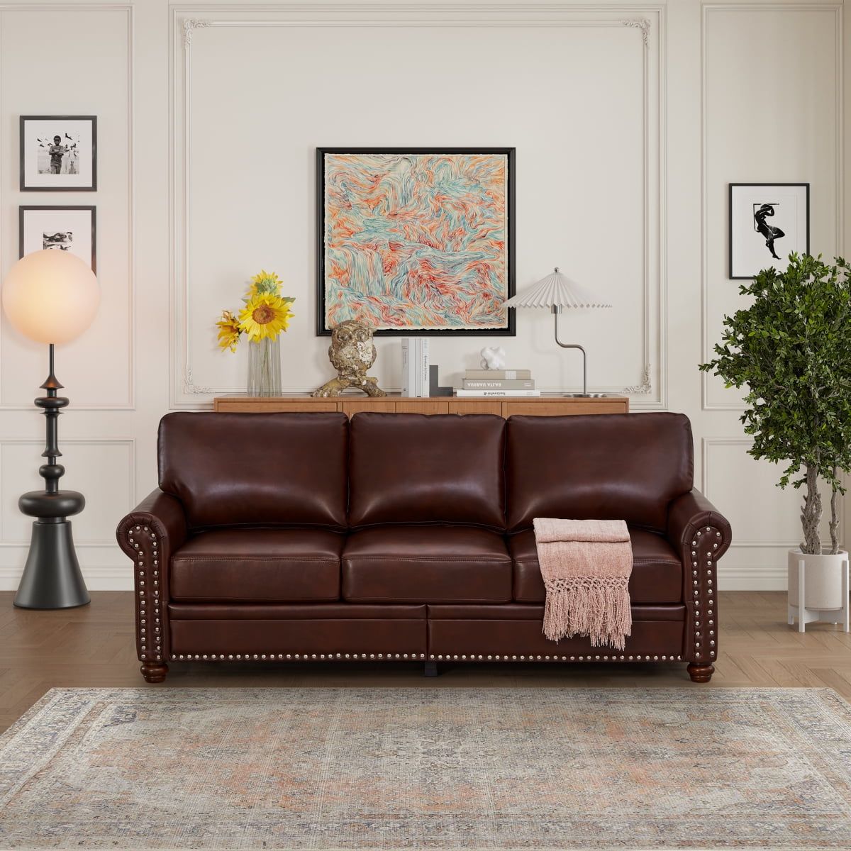 Burgundy Faux Leather Round Arm Sofa with Nailhead Trim