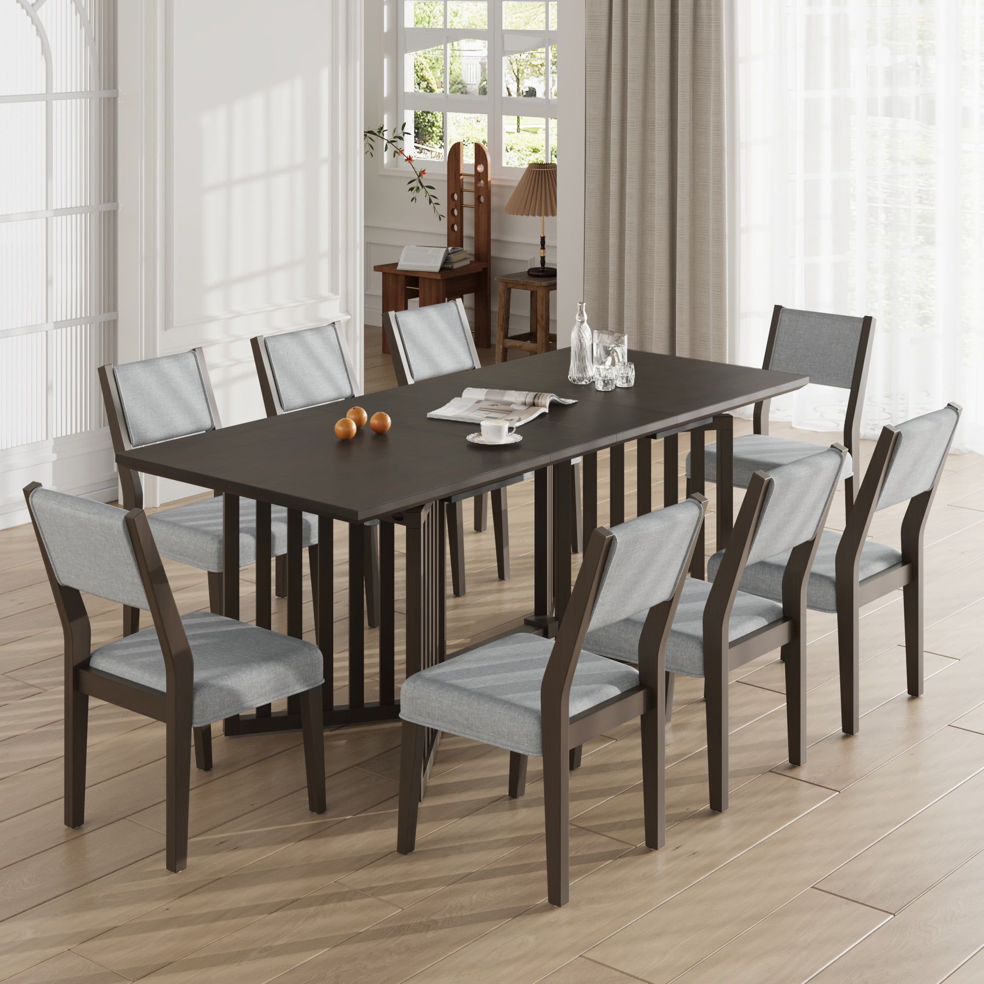 Espresso Extendable 83.9'' Dining Table Set with 8 Upholstered Chairs