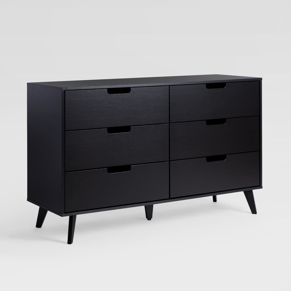 Black Mid-Century Modern 6-Drawer Dresser with Cut-Out Handles