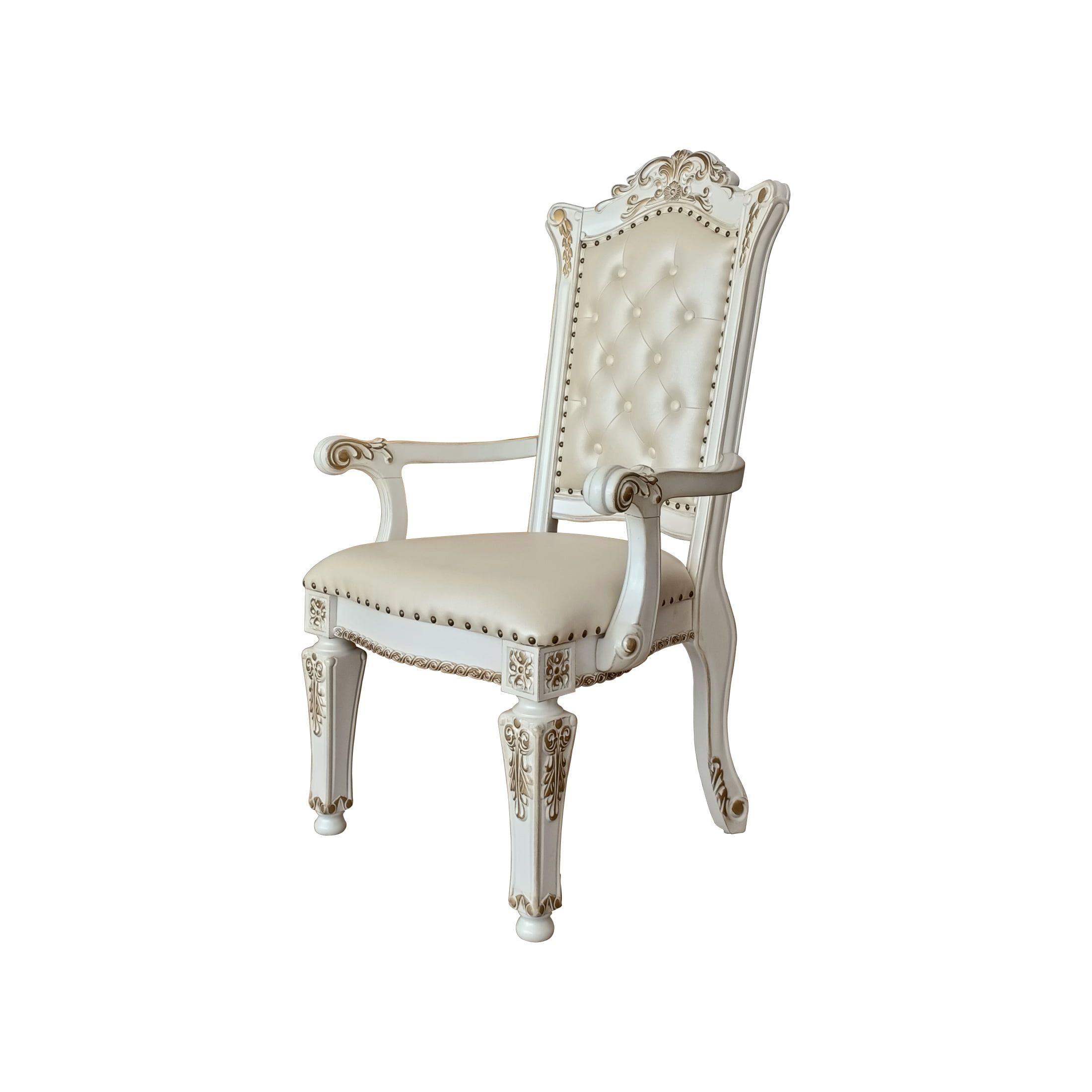 Antique Pearl Floral Accent Chair in Beige Faux Leather