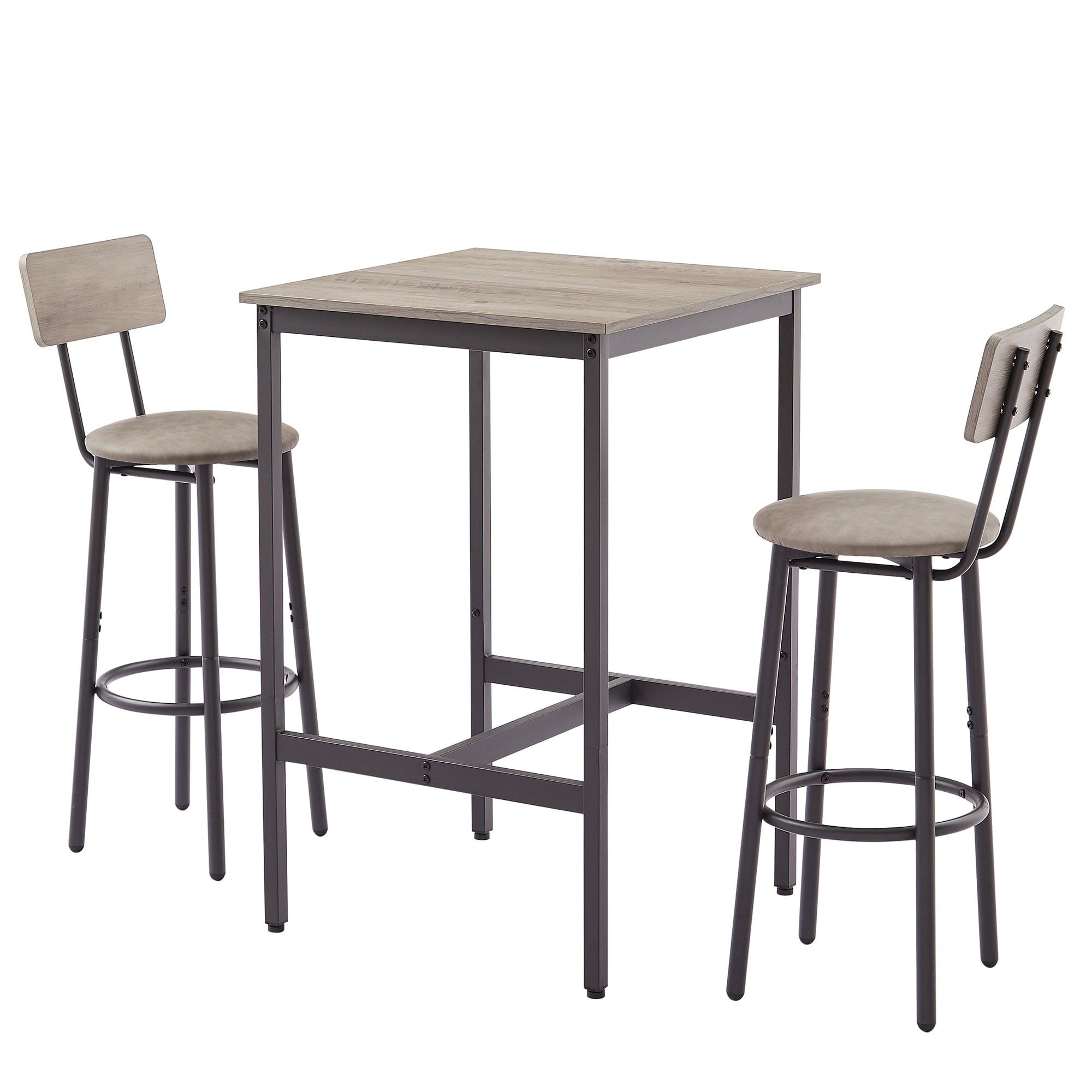 Rustic Gray Industrial 3-Piece Bar Table Set with Faux Leather Stools