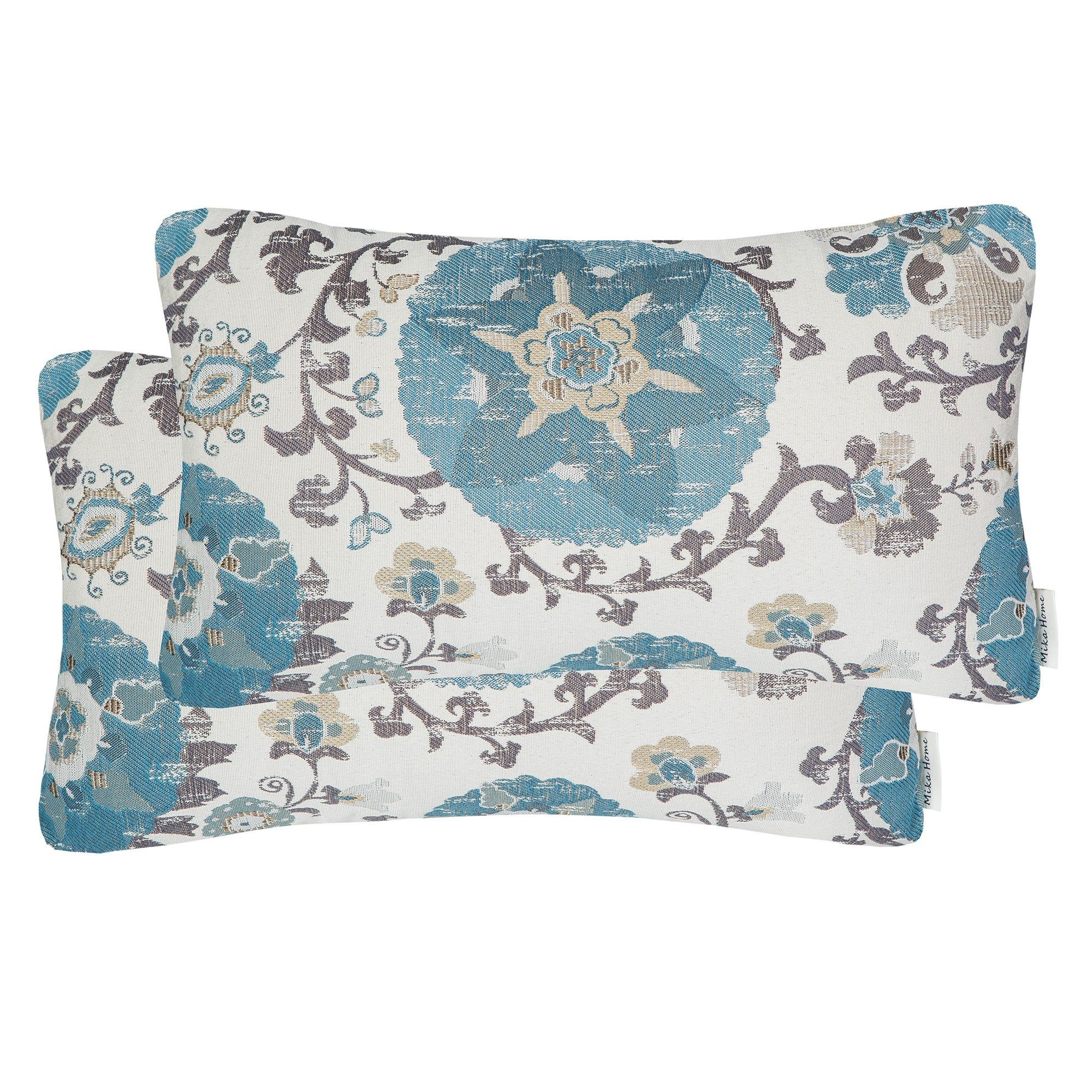 Cream and Blue Floral Jacquard Rectangular Pillow Covers