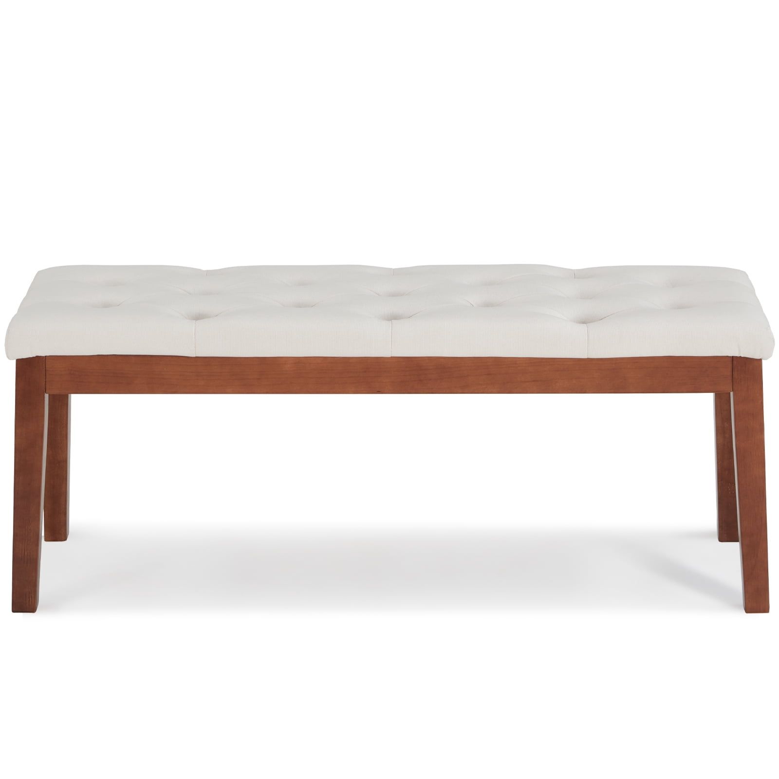 Cream Linen Upholstered Oak Entryway Bench with Brown Wood Legs