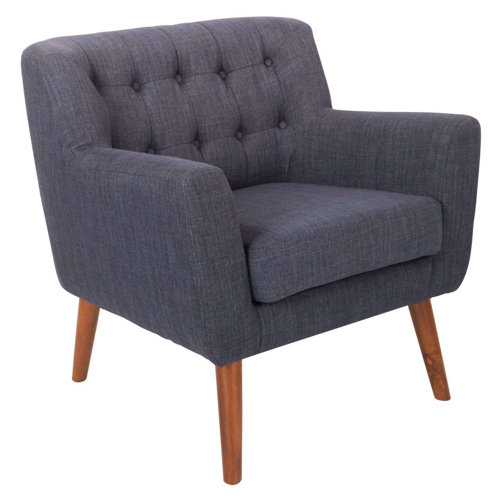 Navy Blue Mid-Century Modern Wood Accent Chair with Tufted Back