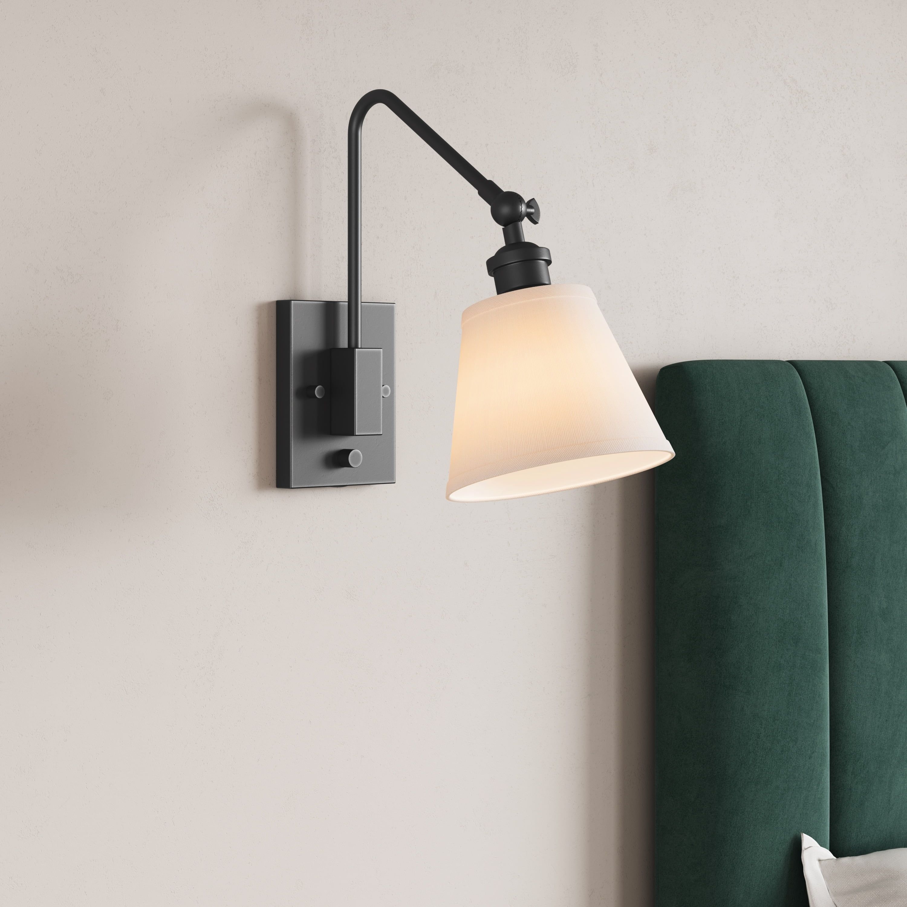 Matte Black Adjustable Swing Arm Wall Sconce with Fabric Shade