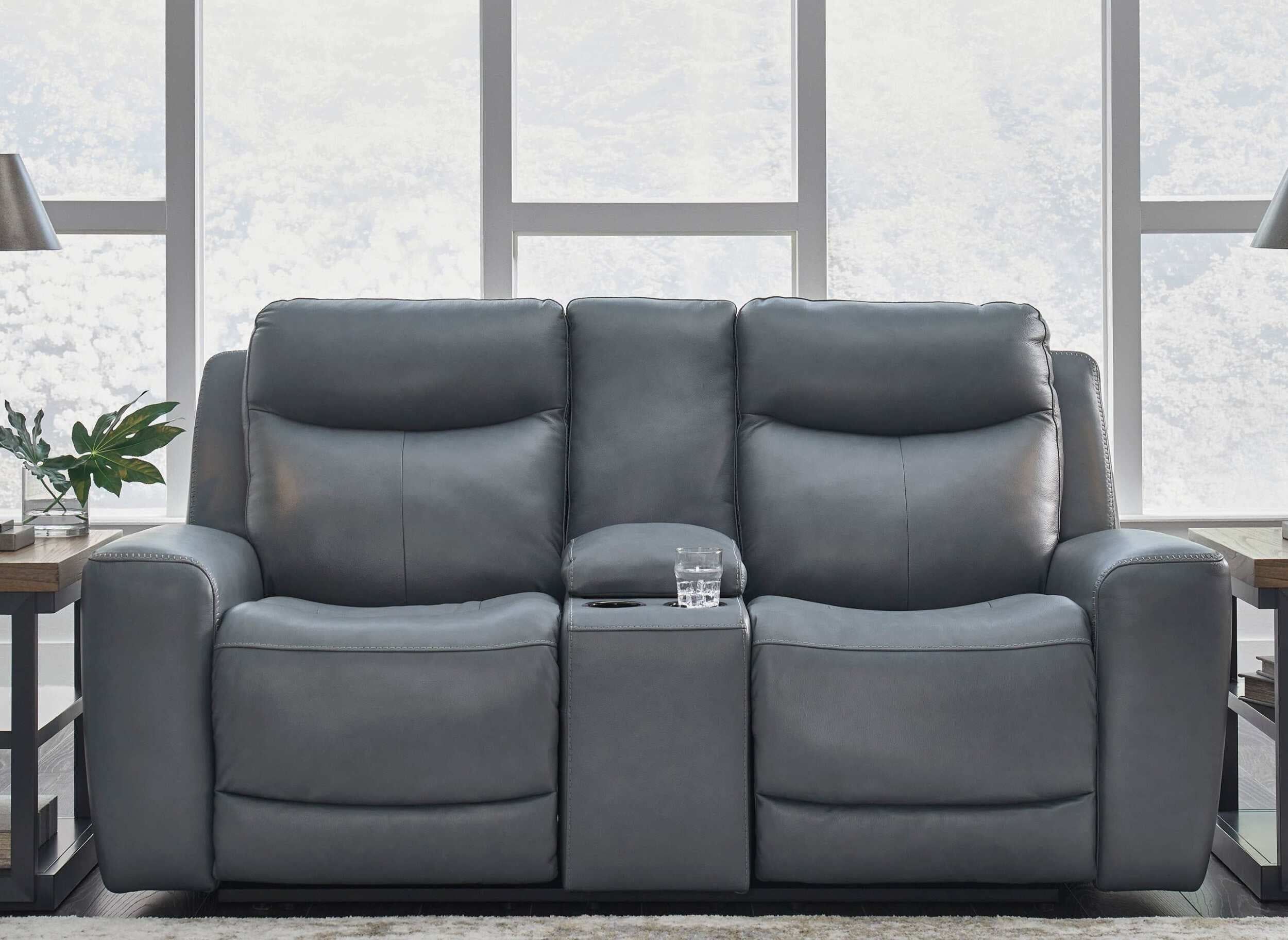 Gray Leather Power Reclining Loveseat with Steel Track Arms