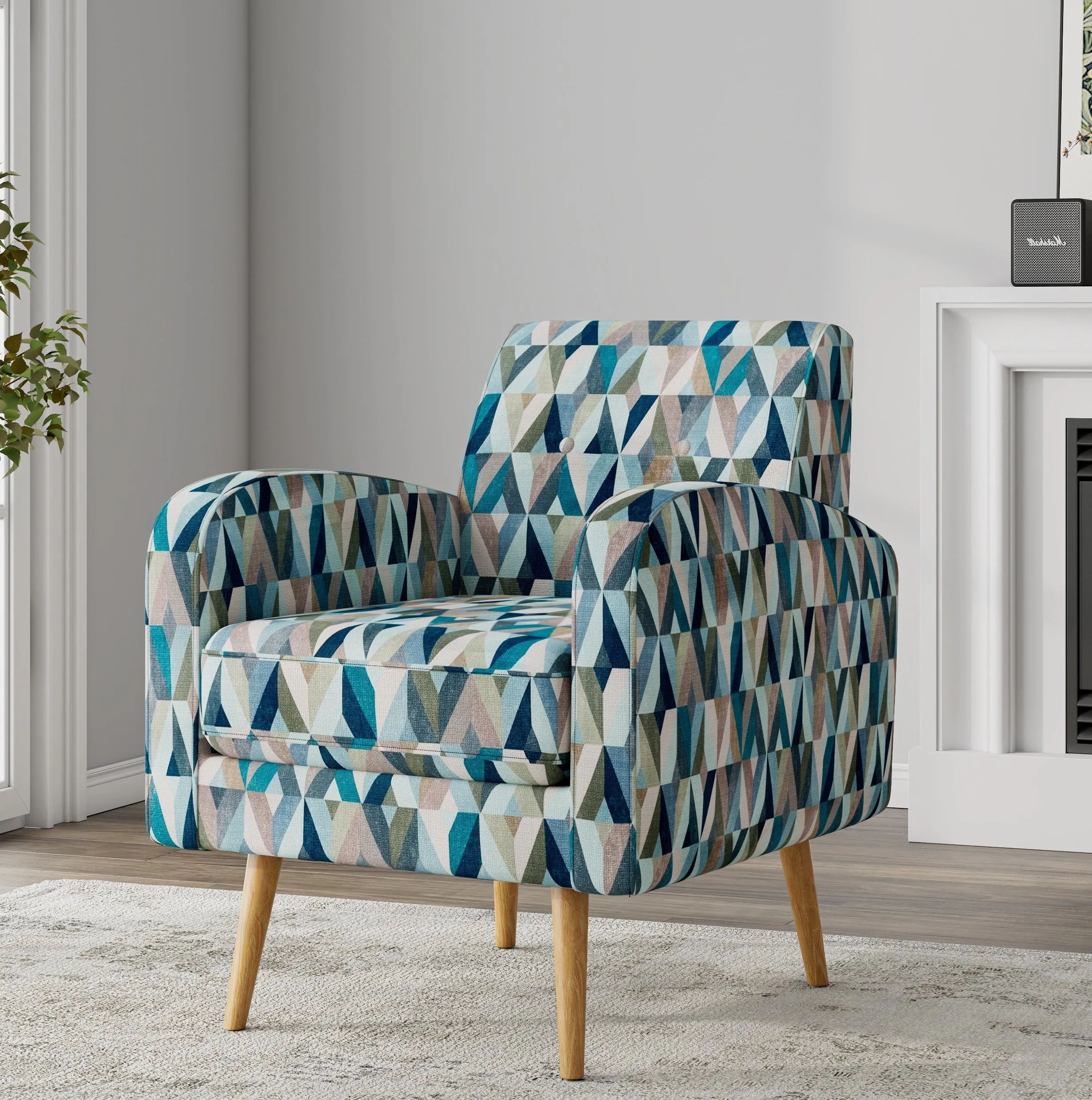 Mid-Century Modern Blue Geometric Barrel Accent Chair