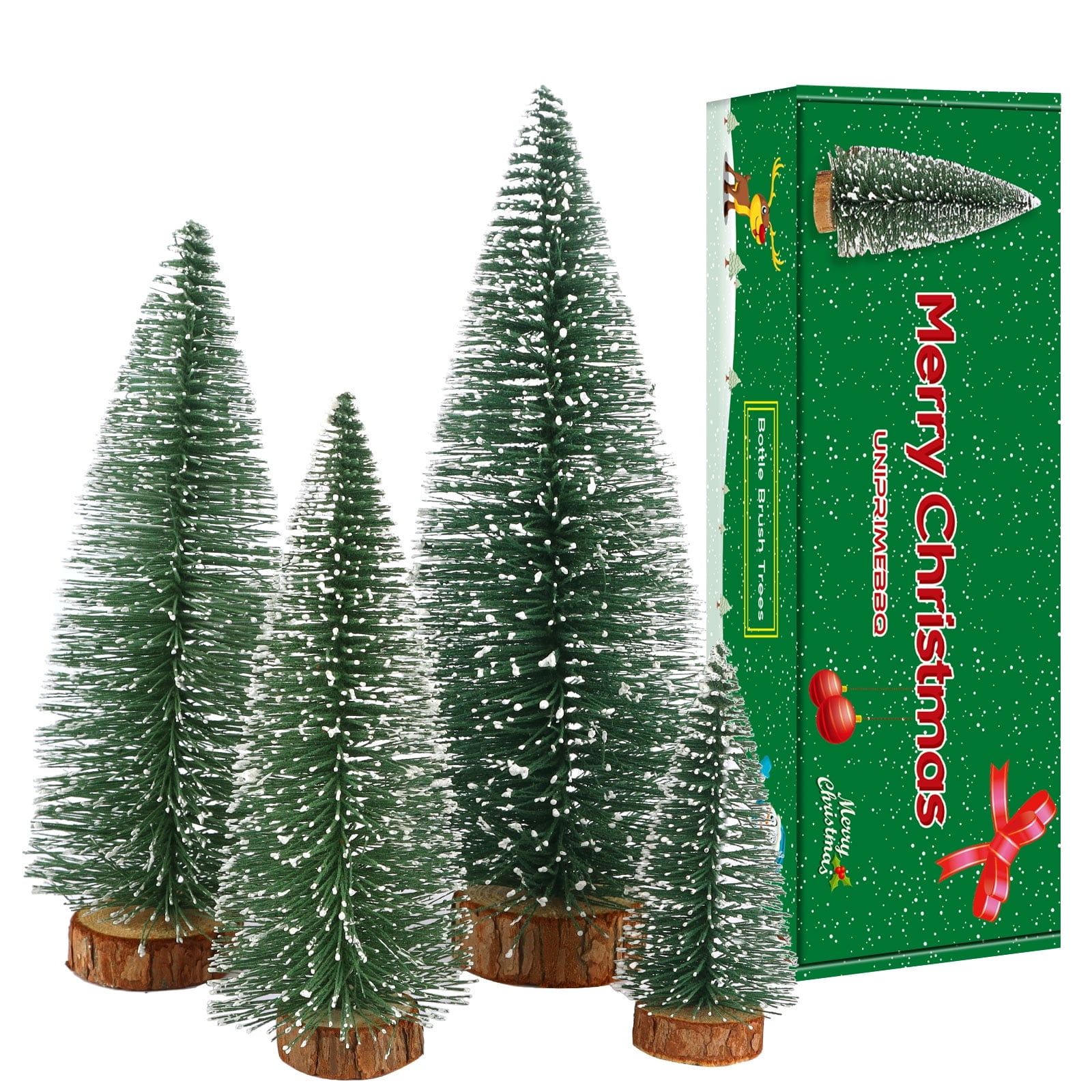 Mini Green Snow Frosted Plastic Tabletop Christmas Trees with Wooden Base, Set of 4