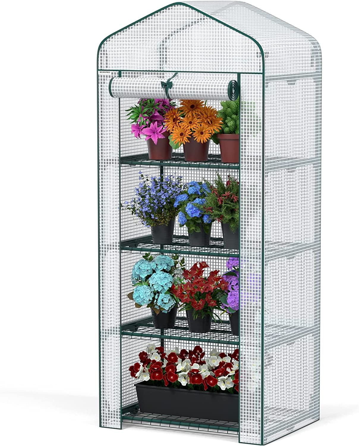 4-Tier White PE and Alloy Steel Mini Greenhouse with Roll-Up Door