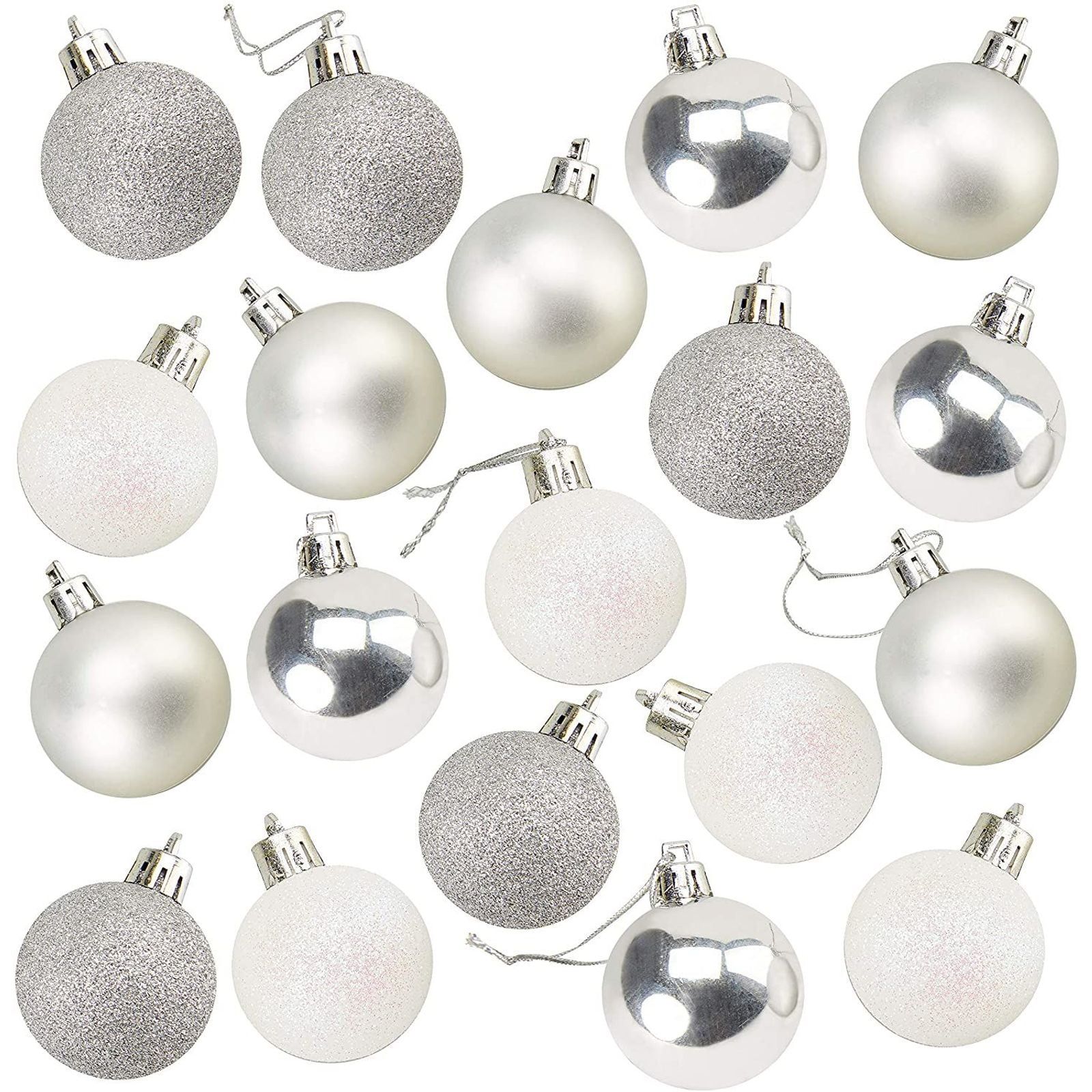 Mini Silver and White Shatterproof Glitter Christmas Ornaments Set