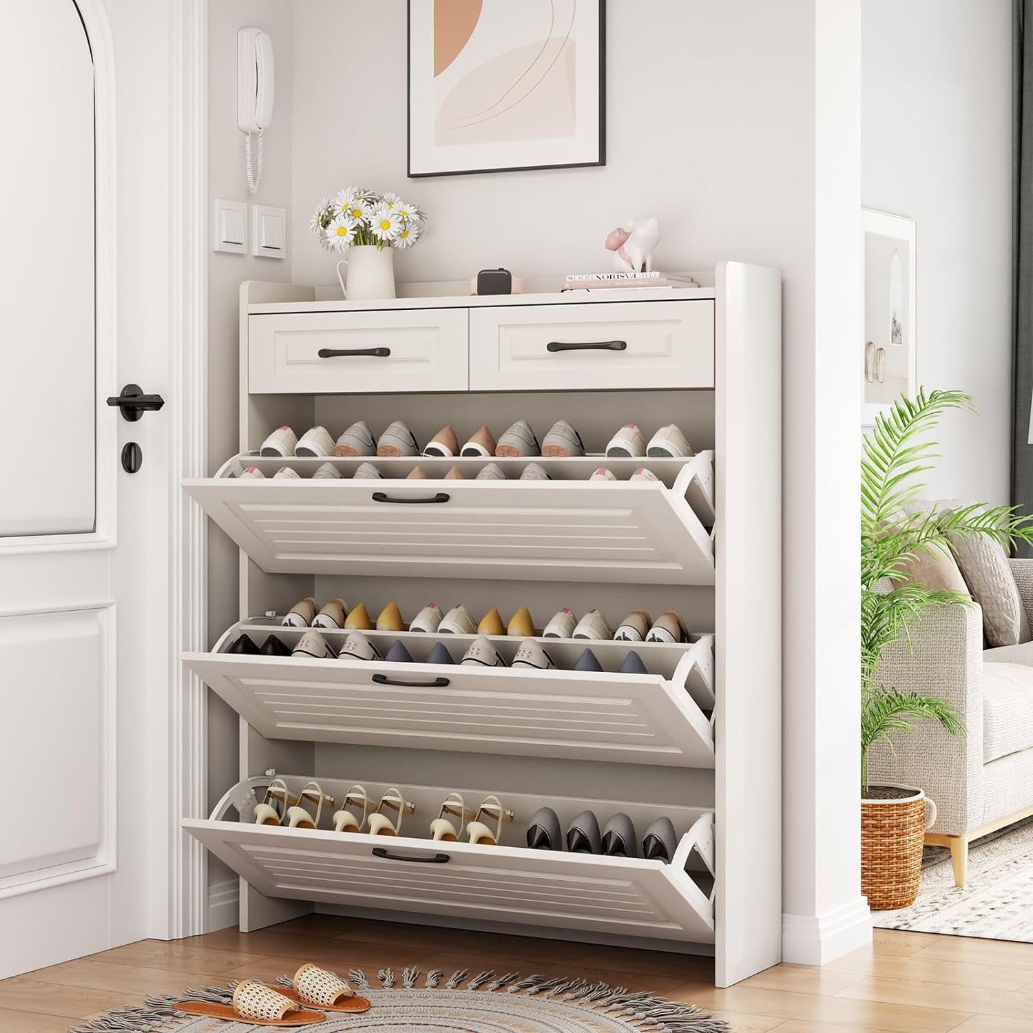 White MDF 3-Tier Flip Down Shoe Cabinet with Drawers