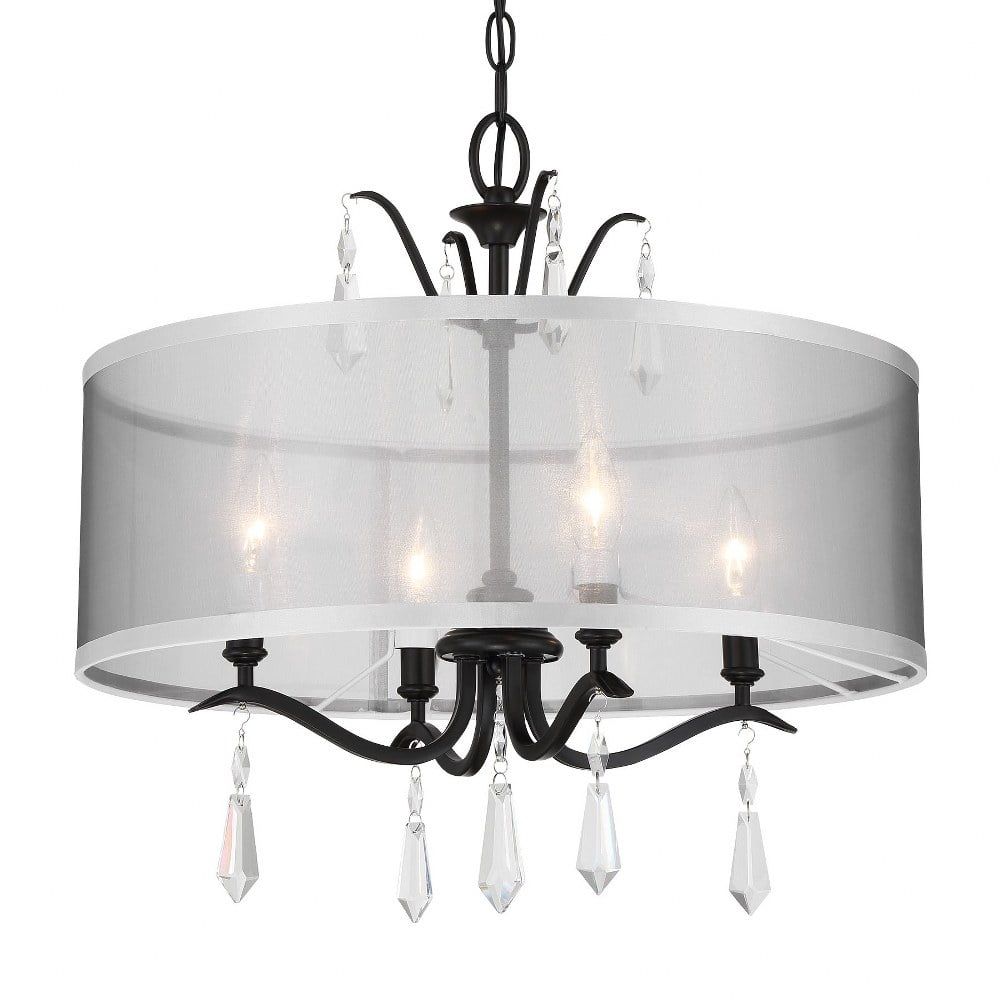 Laurel Estate Coal 4-Light Crystal Drum Pendant with Translucent Silver Linen Shade