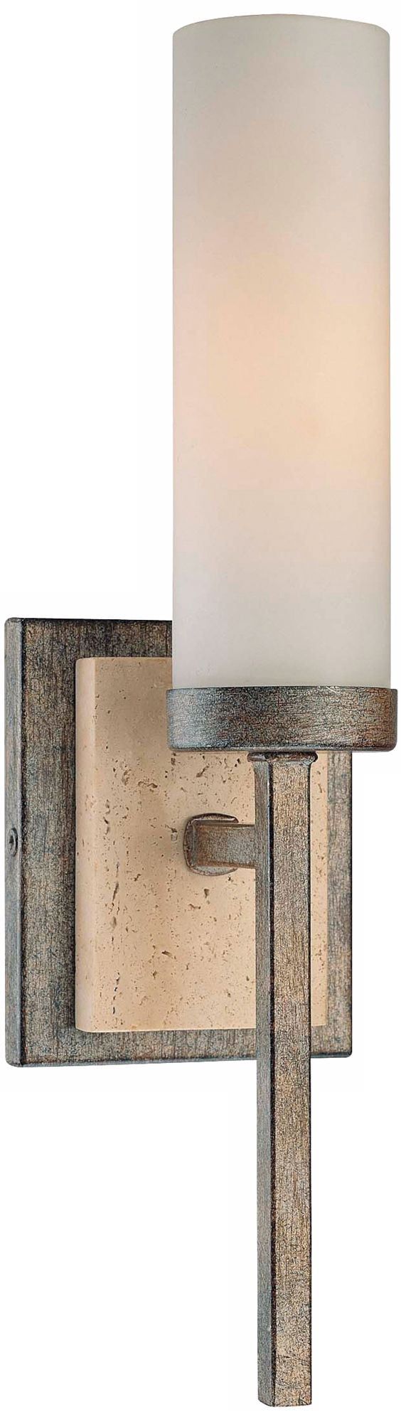 Aged Patina Iron and Etched Opal Glass Cylinder Sconce