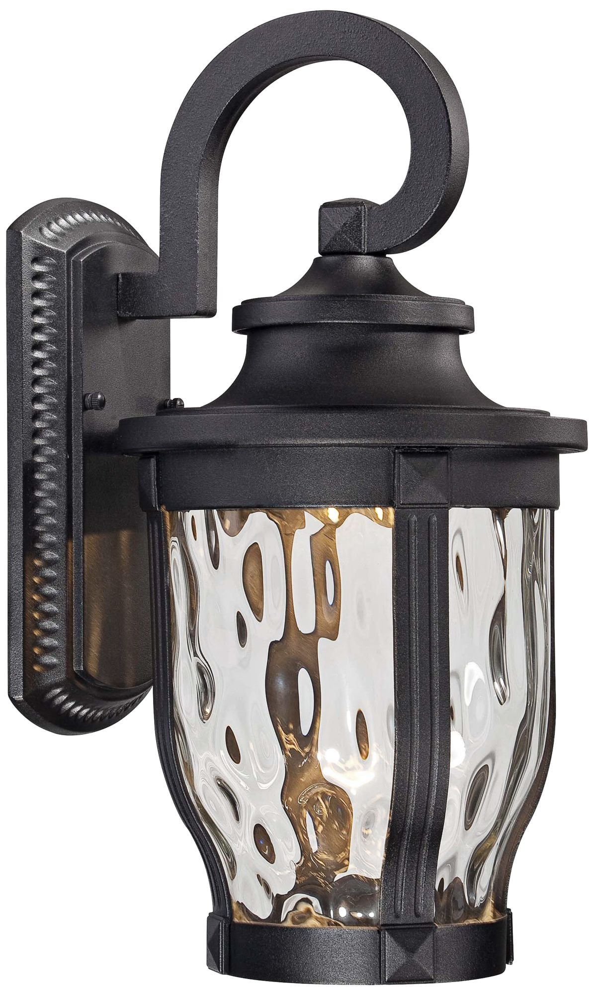 Black Aluminum LED Outdoor Wall Lantern with Clear Hammered Glass