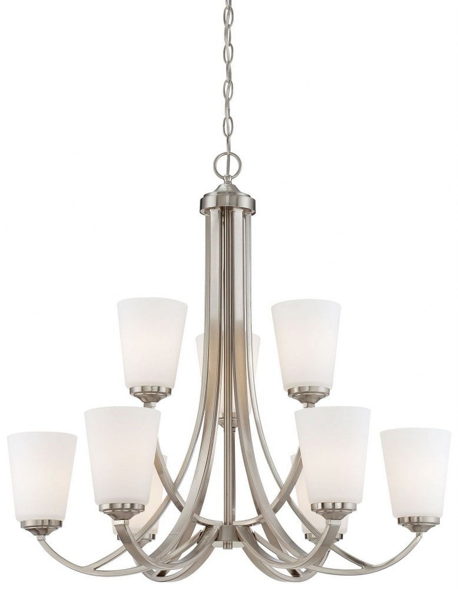 Brushed Nickel 9-Light Chandelier with Etched White Glass Shades