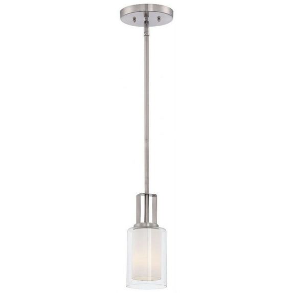 Modern Brushed Nickel Mini Pendant with Clear & Etched White Glass