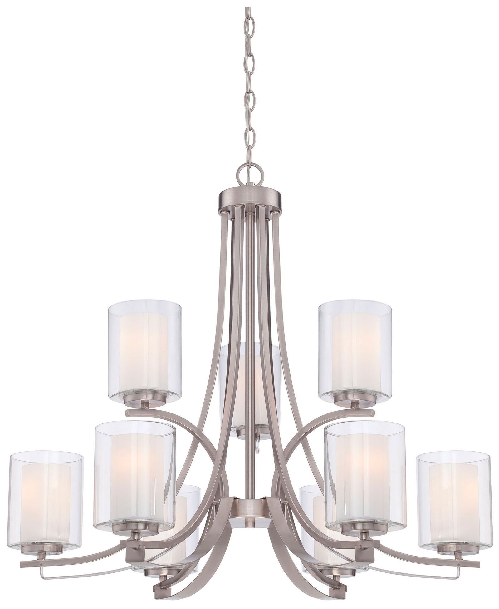 Brushed Nickel 9-Light Chandelier with Clear & Etched White Glass