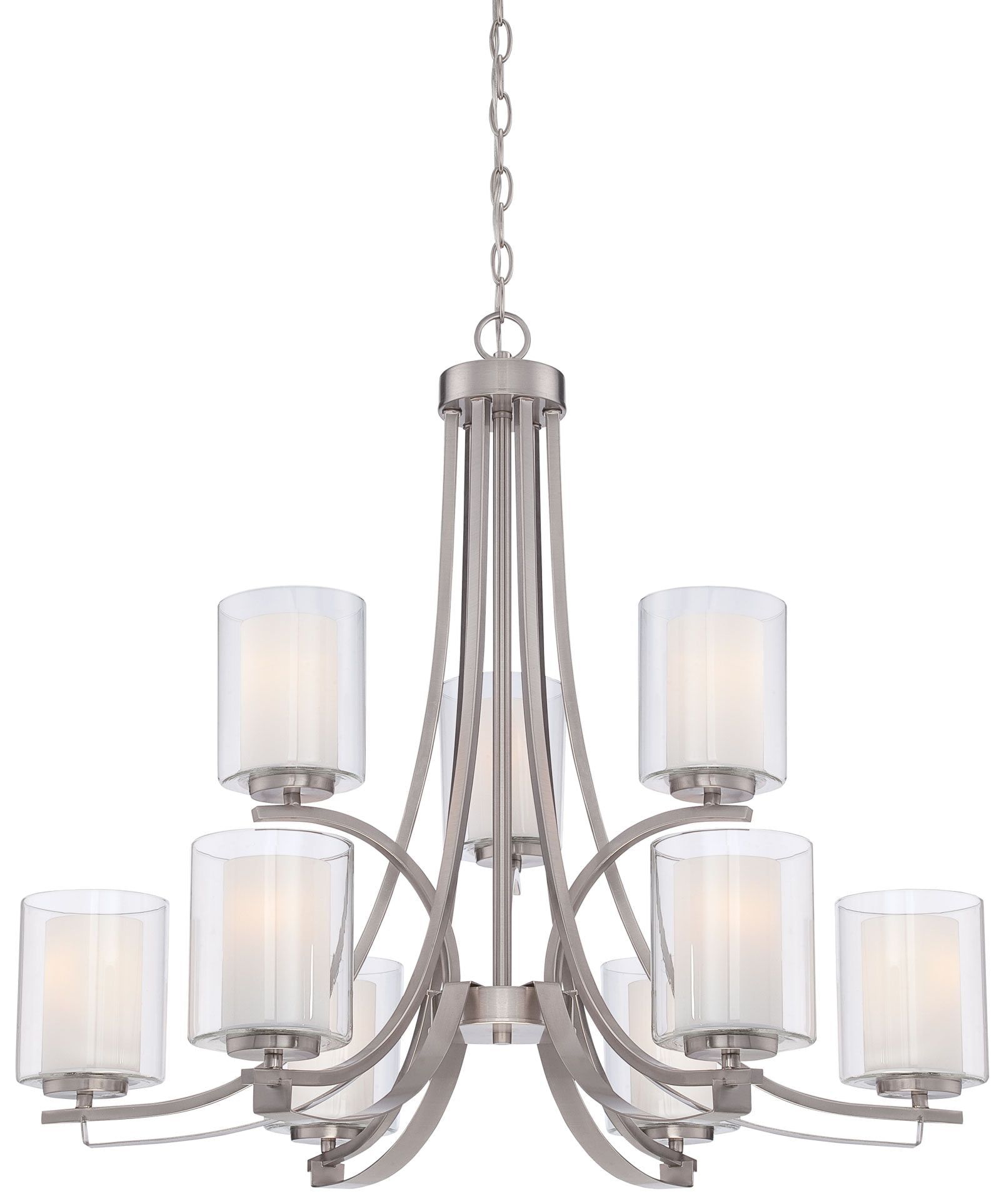 Brushed Nickel 9-Light Chandelier with Clear & Etched White Glass