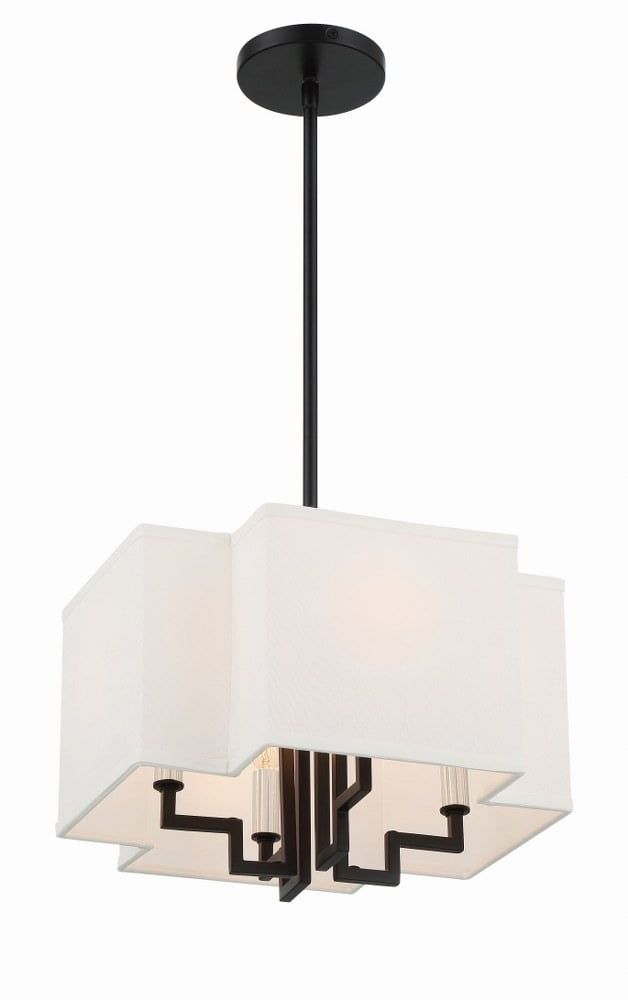 Coal and Polished Nickel 4-Light Drum Pendant with White Linen Shade