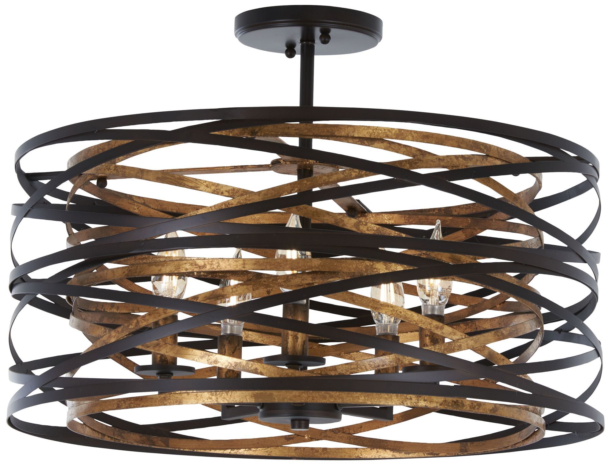 Elegant Vortic Flow Drum Pendant in Dark Bronze with Mosaic Gold Interior, 20"