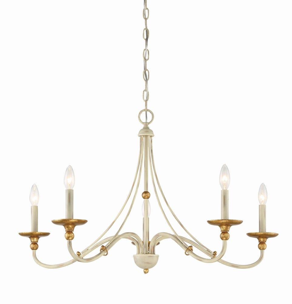 Farmhouse White and Gilded Gold Leaf 5-Light Chandelier