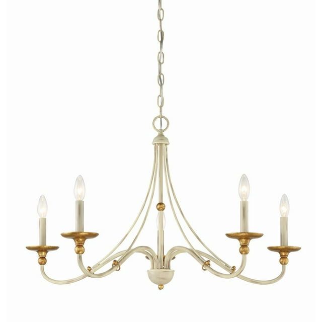 Farmhouse White and Gilded Gold Leaf 5-Light Chandelier