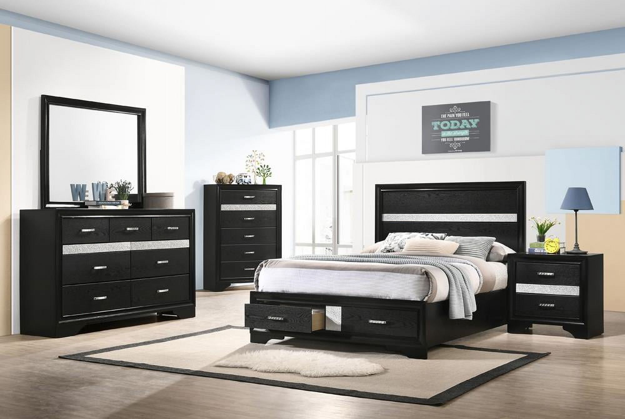 Miranda Black Full Storage Bedroom Set with Silvery Accents