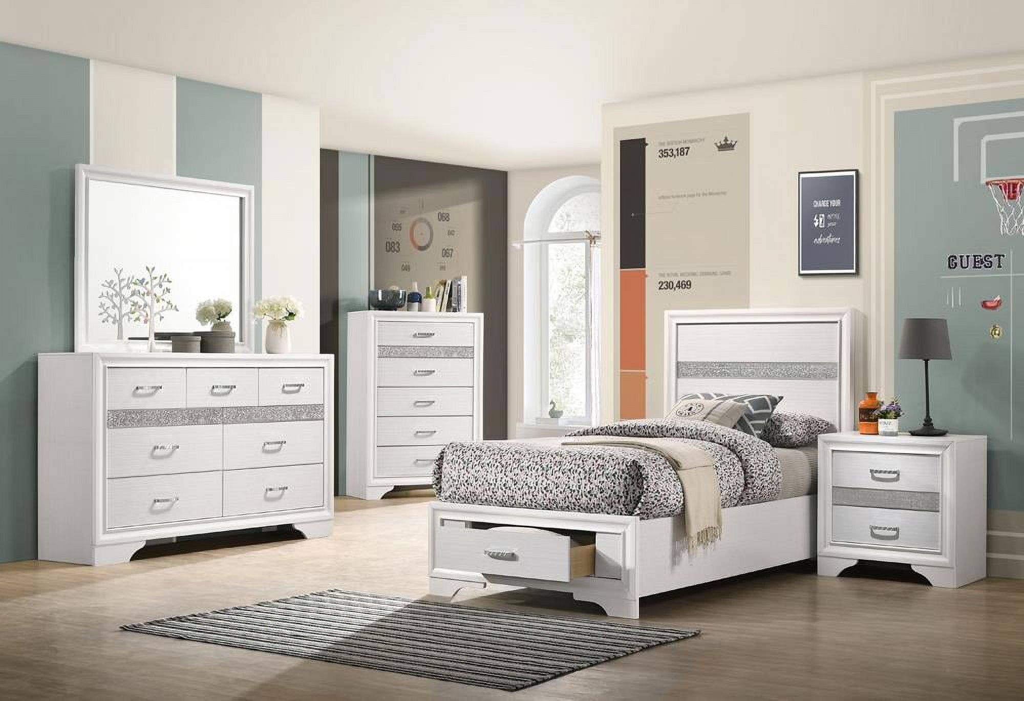 Miranda White Twin Storage Bedroom Set with Rhinestone Accents