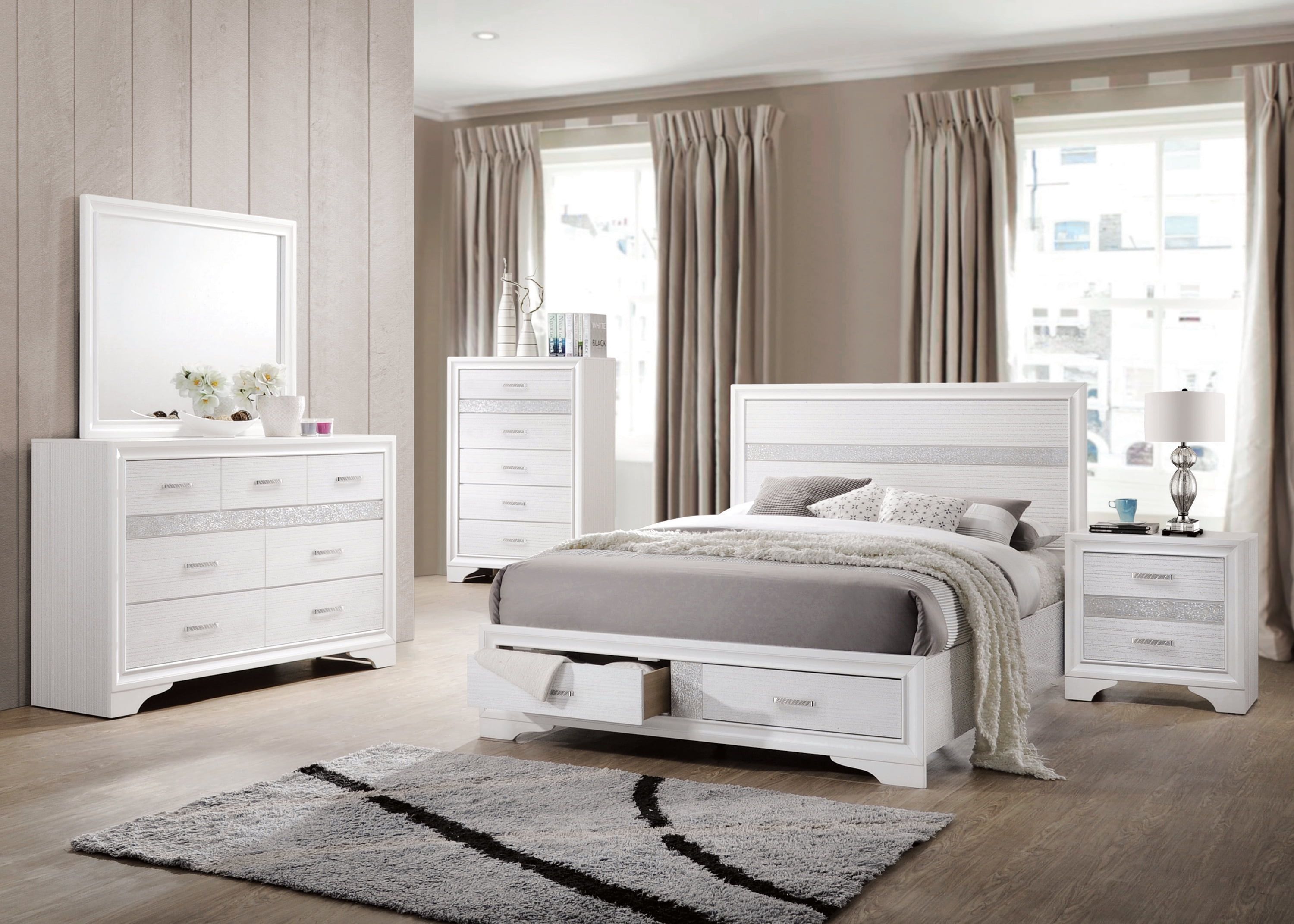 Miranda White King Platform Storage Bedroom Set with Dresser and Mirror