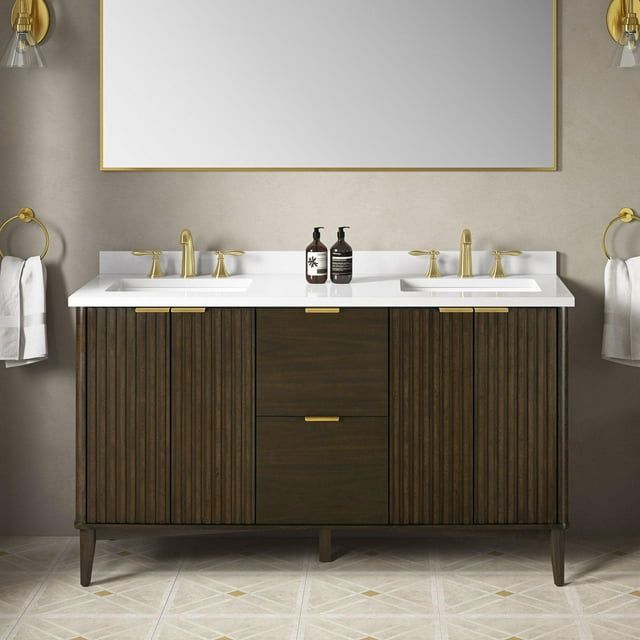 Indy 60" Dark Walnut Freestanding Double Basin Vanity with White Marble Top