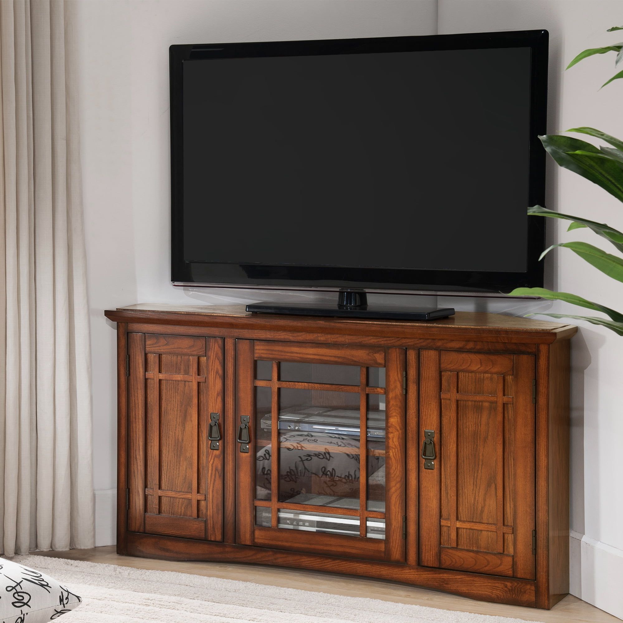 Mission Oak Corner TV Stand with Glass Doors